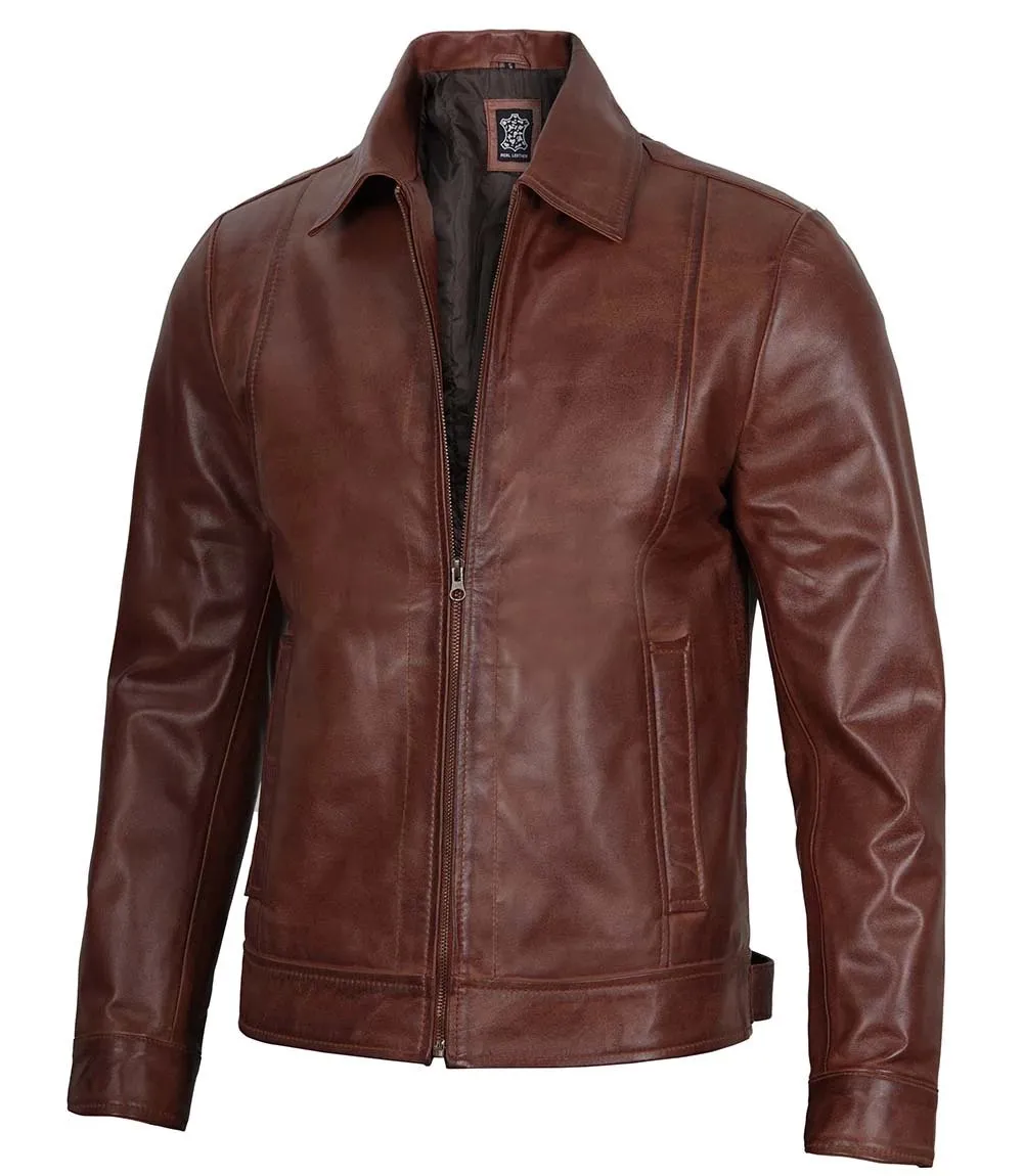 Veste Harrington en cuir marron pour homme – Image 6