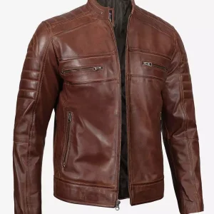 Veste en cuir cognac perforée style motard pour homme tall