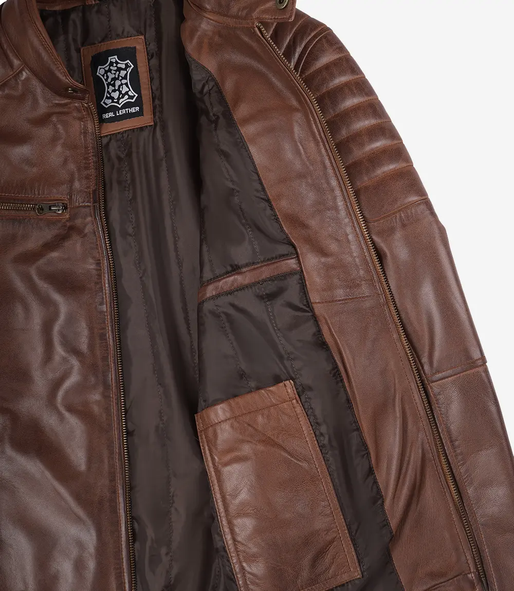 Veste en cuir ciré style motard pour homme couleur cognac – Image 5
