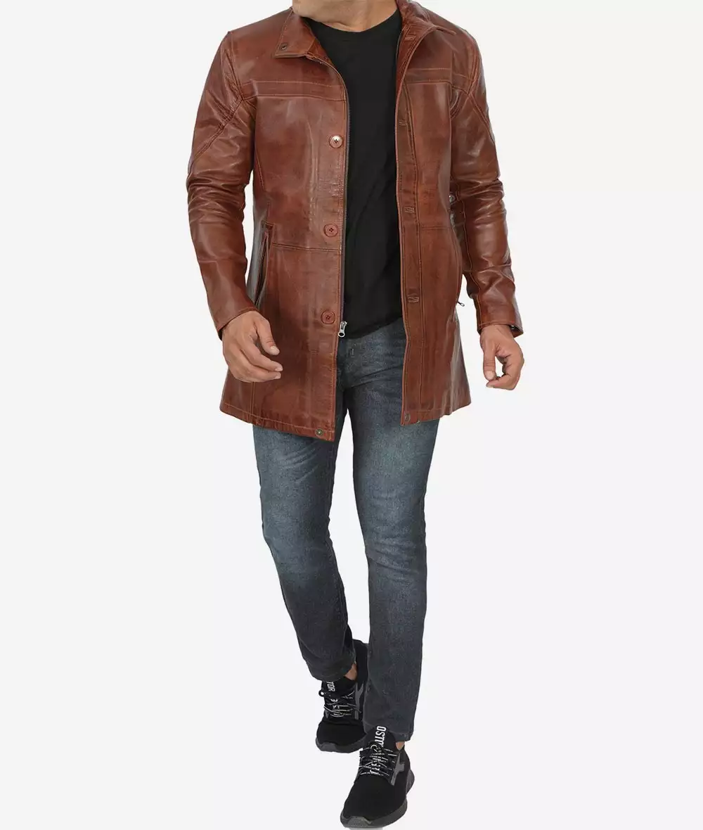 Manteau car coat en cuir ciré cognac pour homme tall – Image 8
