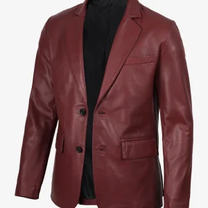 Blazer en cuir marron à revers crantés pour homme – Deux boutons