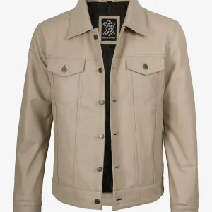 Veste de camionneur beige en cuir d'agneau véritable pour homme
