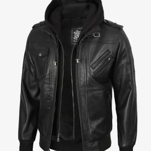 Blouson aviateur en cuir noir pour homme avec capuche amovible