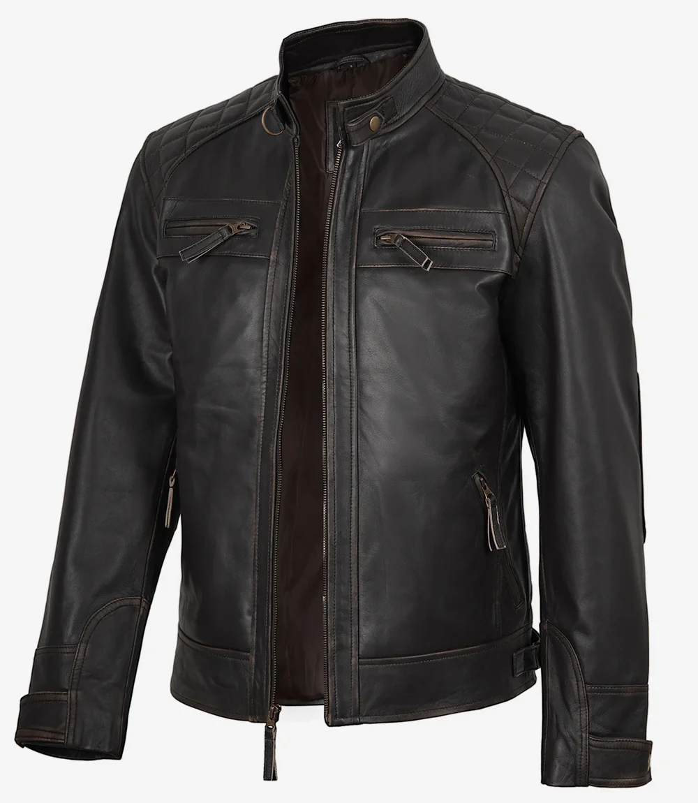 Veste style motard en cuir marron vieilli pour homme - Épaules matelassées – Image 3