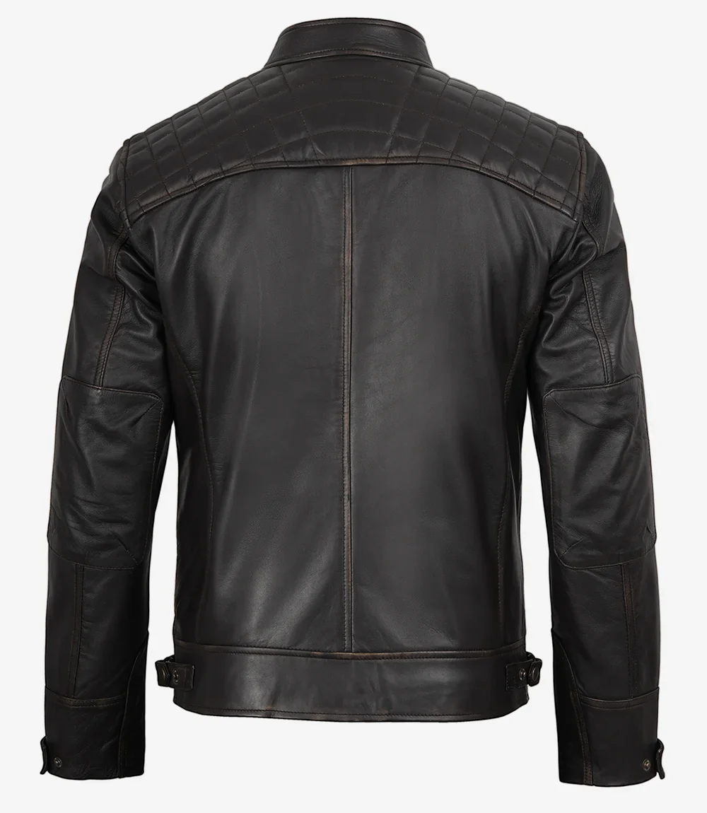 Veste style motard en cuir marron vieilli pour homme - Épaules matelassées – Image 5
