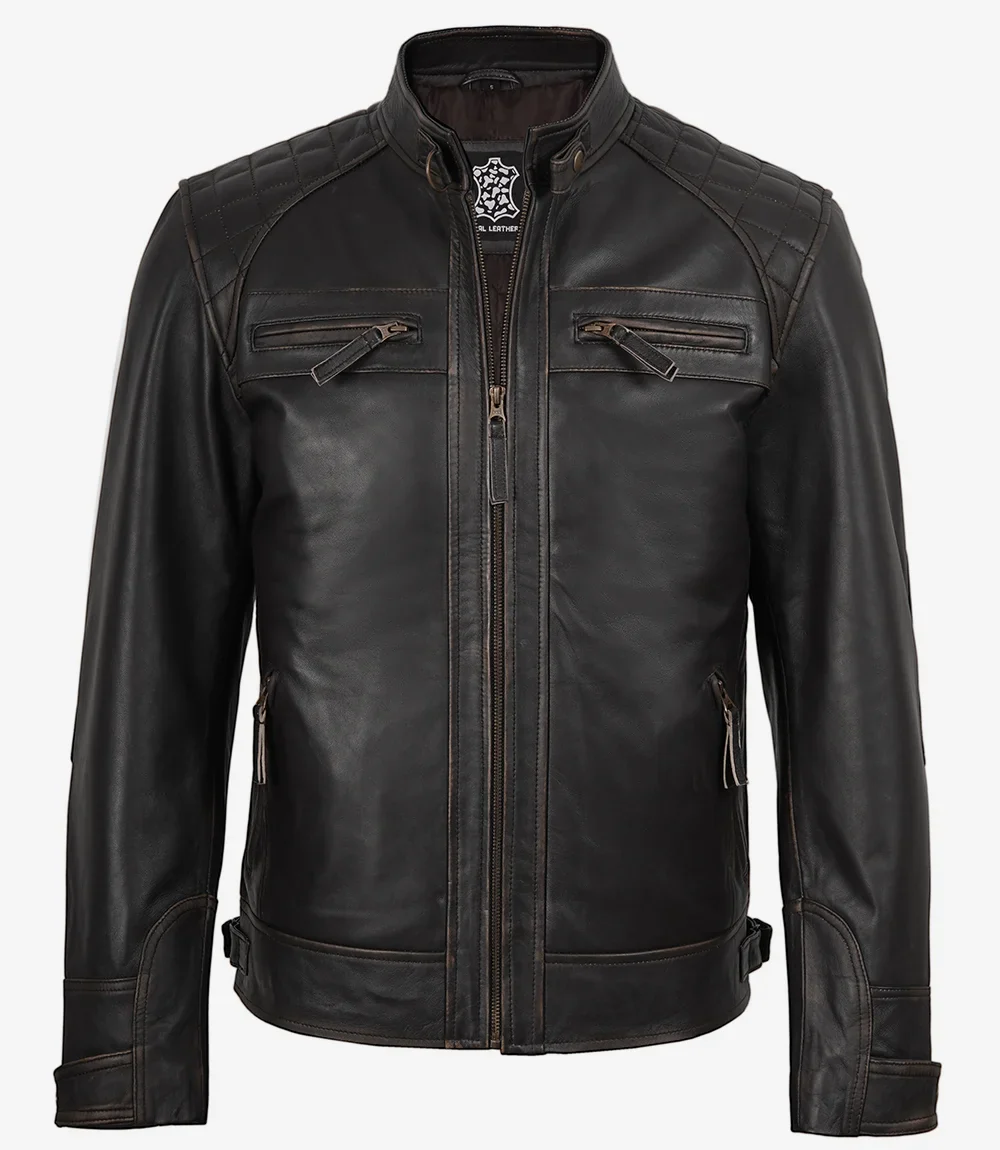 Veste style motard en cuir marron vieilli pour homme - Épaules matelassées – Image 4