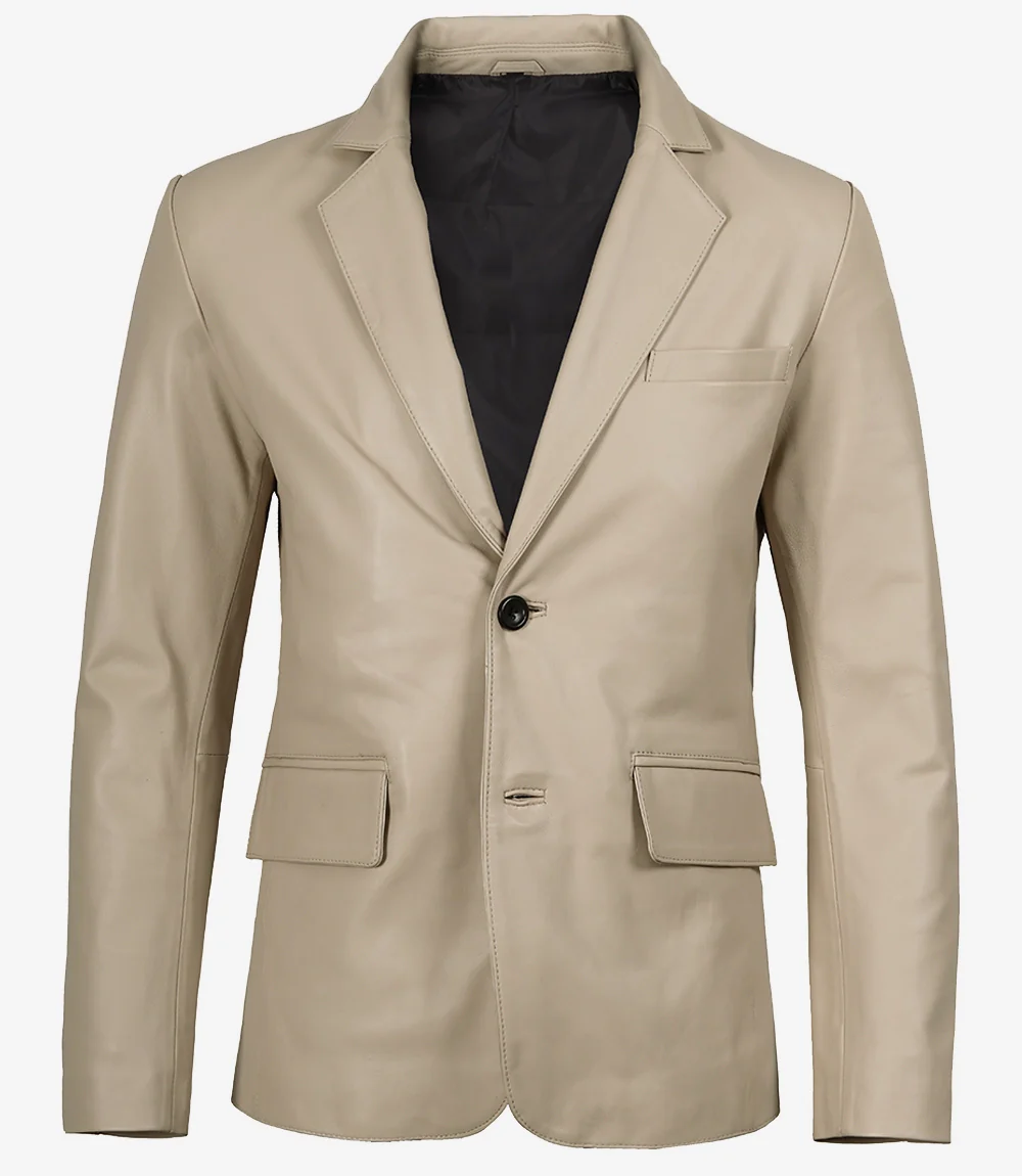 Blazer en cuir beige à deux boutons pour homme - Revers crantés – Image 4