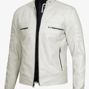 Veste en cuir style motard blanc cassé pour homme