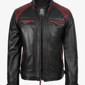 Veste en cuir style motard noir et bordeaux pour homme – Épaules matelassées