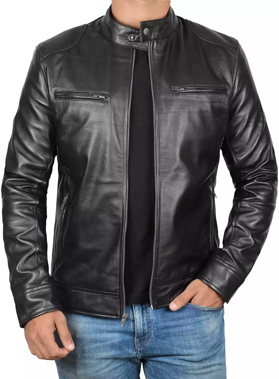 Veste style motard en cuir d’agneau noir pour homme grand – Image 4