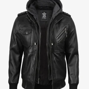 Veste en cuir noir pour homme avec capuche amovible grise