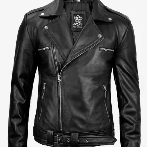 Veste en cuir asymétrique noire style motard avec ceinture pour homme Negan
