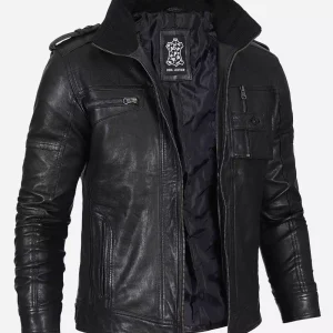 Veste style motard en cuir noir délavé pour homme
