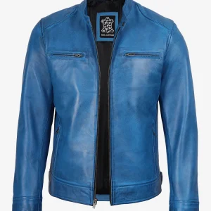 Veste motard bleu vieilli en cuir véritable pour homme