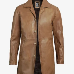 Manteau 3/4 en cuir marron camel pour homme
