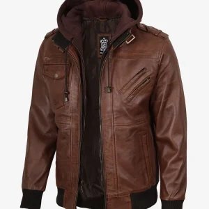 Blouson aviateur en cuir cognac pour homme avec capuche amovible