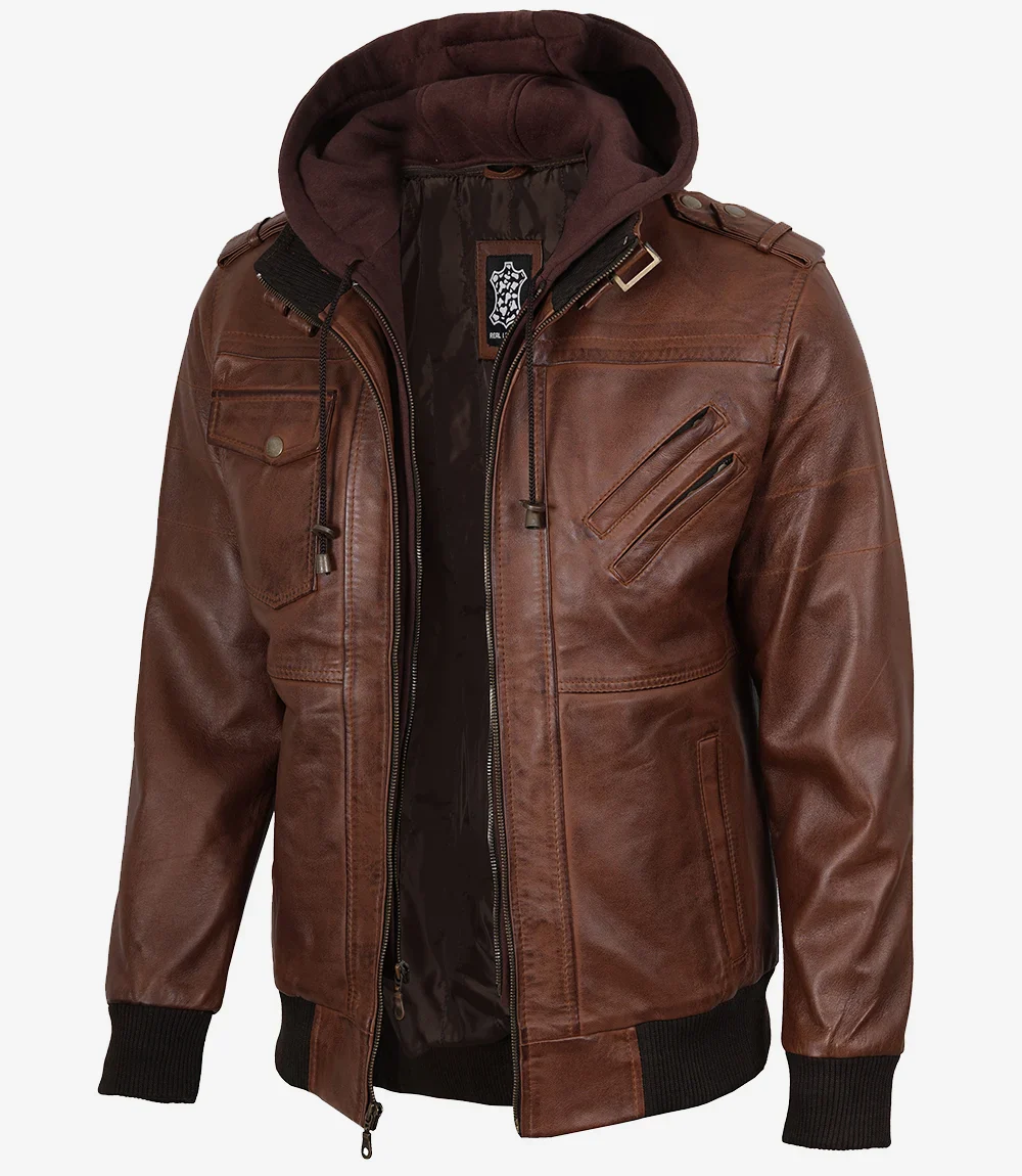 Blouson aviateur en cuir cognac pour homme avec capuche amovible