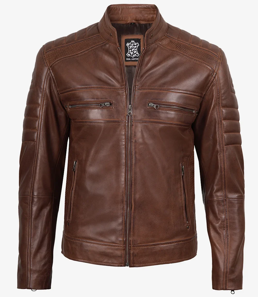 Veste en cuir Cognac Cafe Racer pour homme – Image 4