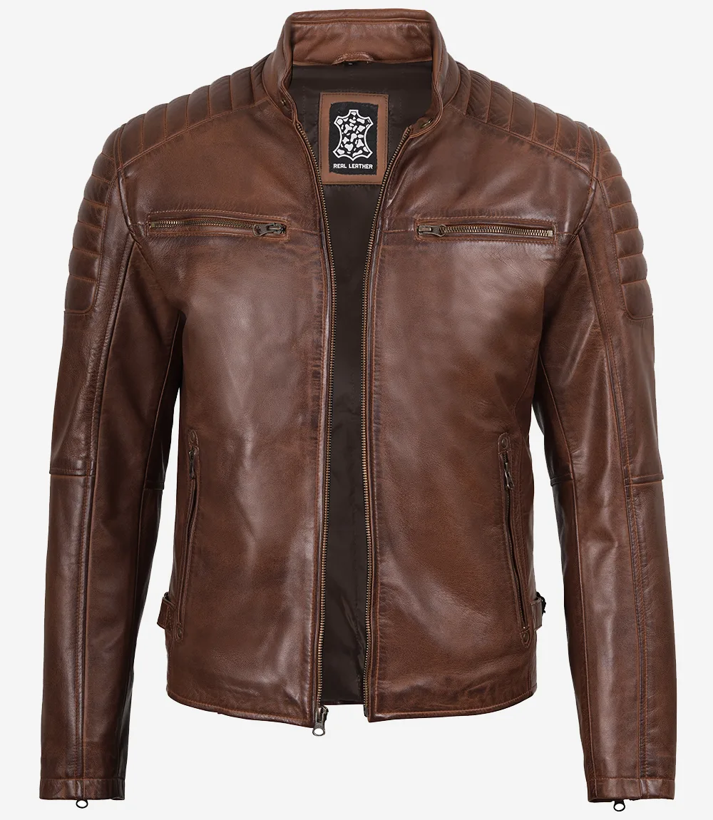 Veste en cuir ciré style motard pour homme couleur cognac – Image 3