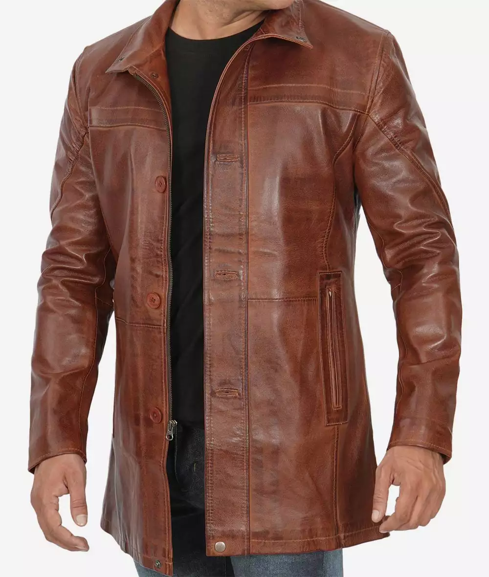 Manteau car coat en cuir ciré cognac pour homme tall – Image 6