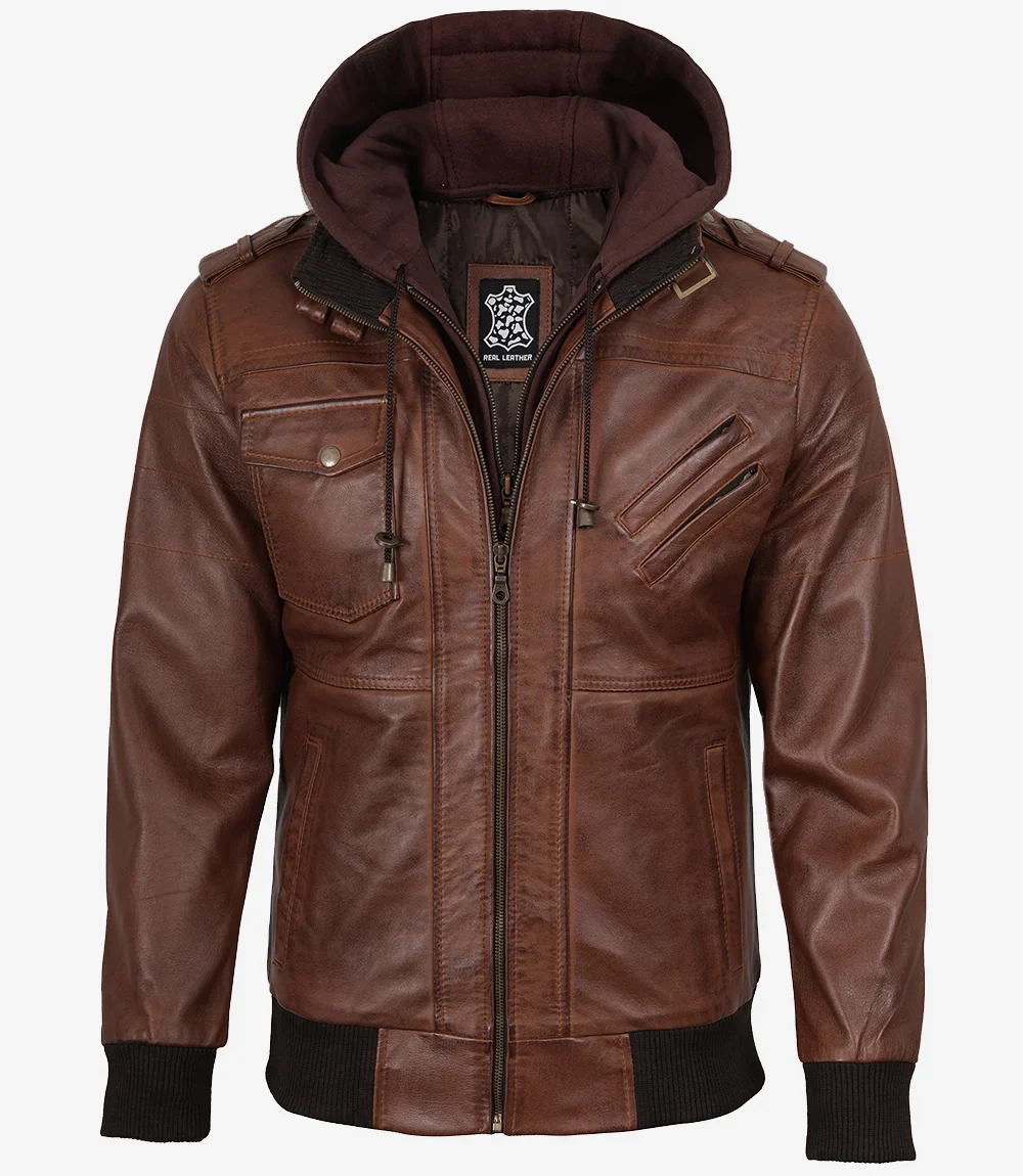 Blouson aviateur en cuir cognac pour homme avec capuche amovible – Image 5