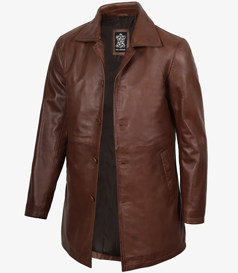 Manteau boutonné en cuir véritable pour homme, couleur cognac – Image 3