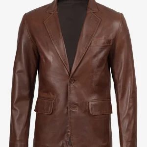 Blazer homme en cuir ciré cognac à deux boutons – Revers cranté