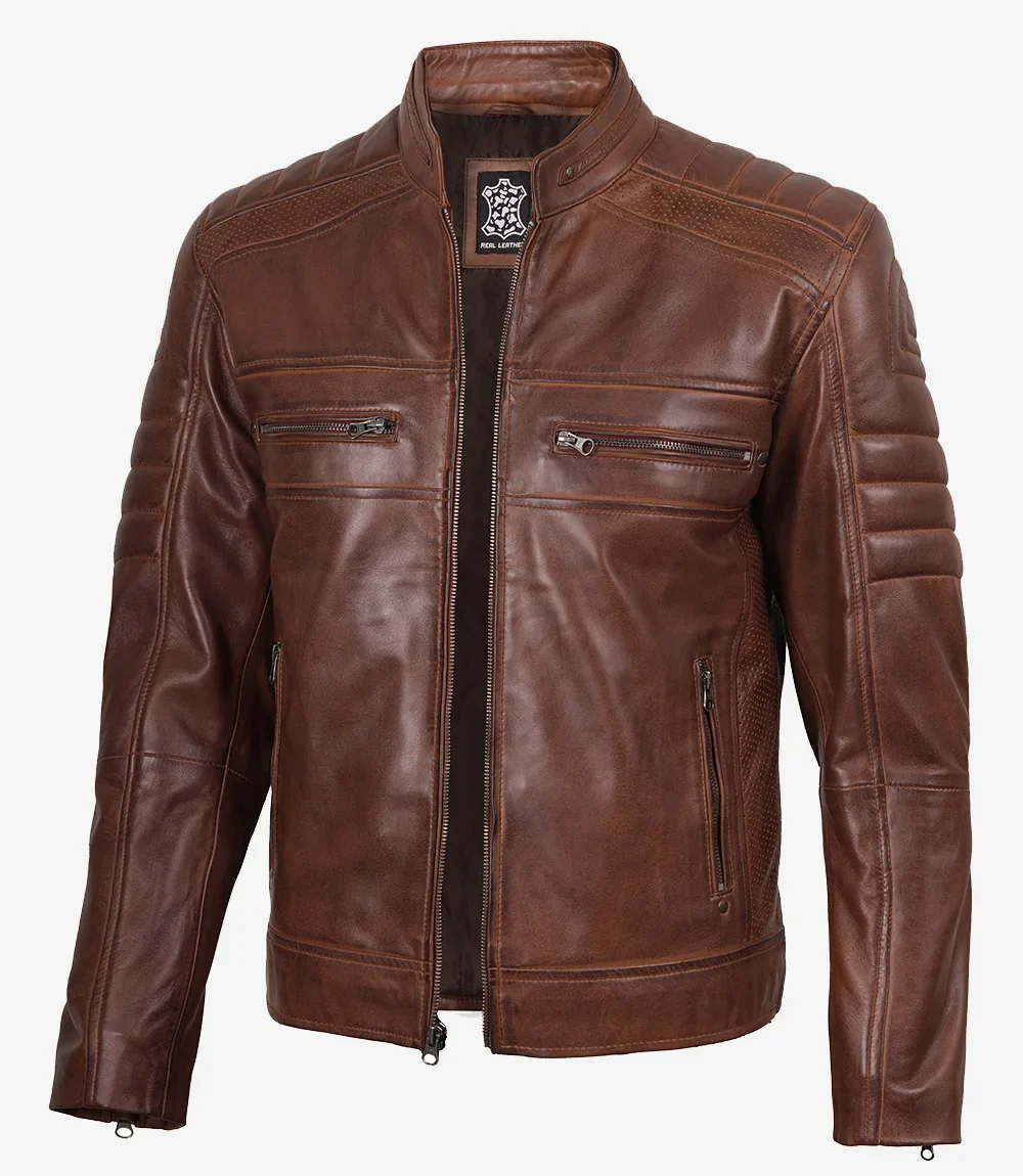 Veste en cuir Cognac Cafe Racer pour homme – Image 3