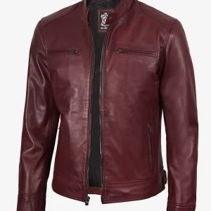 Veste en cuir style motard bordeaux pour homme