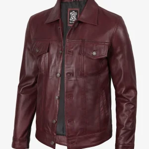 Veste de camionneur bordeaux en cuir d'agneau véritable pour homme