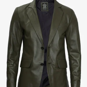 Blazer en cuir vert olive à deux boutons pour homme