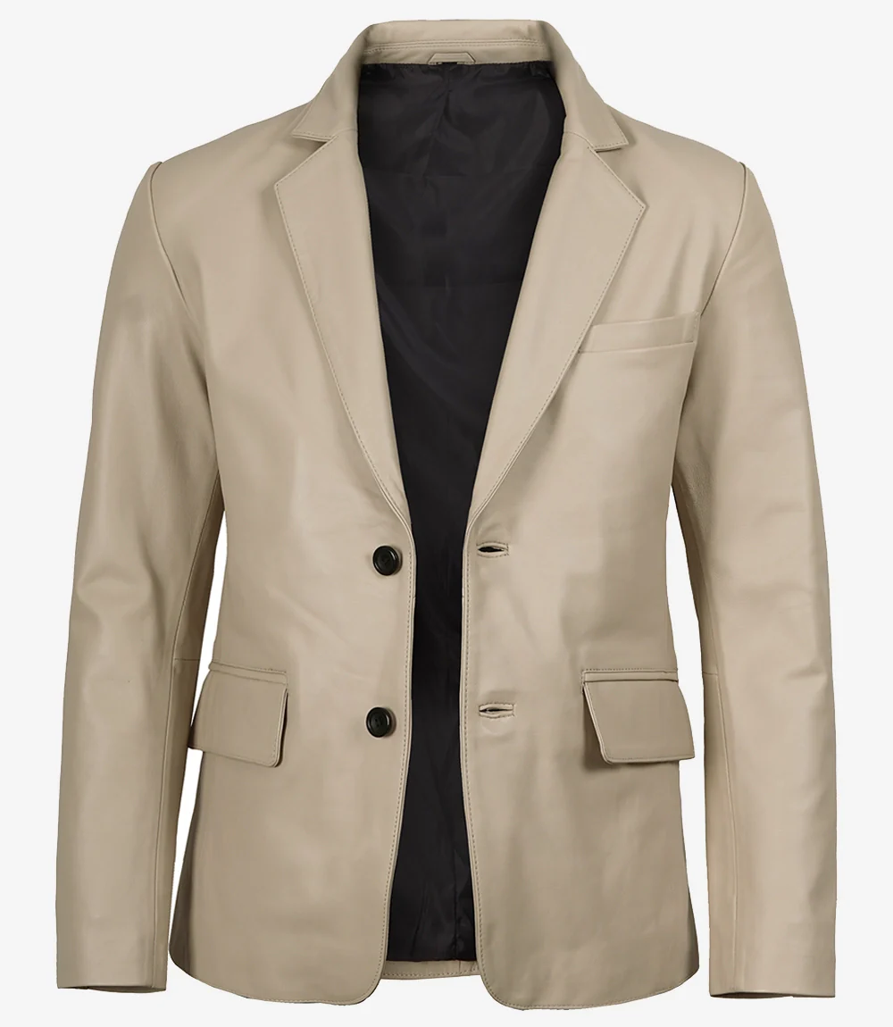 Blazer en cuir beige à deux boutons pour homme - Revers crantés – Image 2