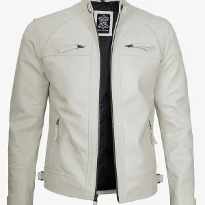Veste en cuir style motard blanc cassé pour homme - Épaules matelassées