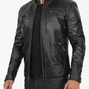 Veste en cuir noire style motard pour homme grand – épaules matelassées