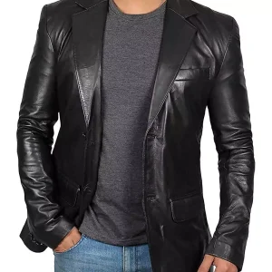 Veste blazer en cuir noir à deux boutons pour homme grand