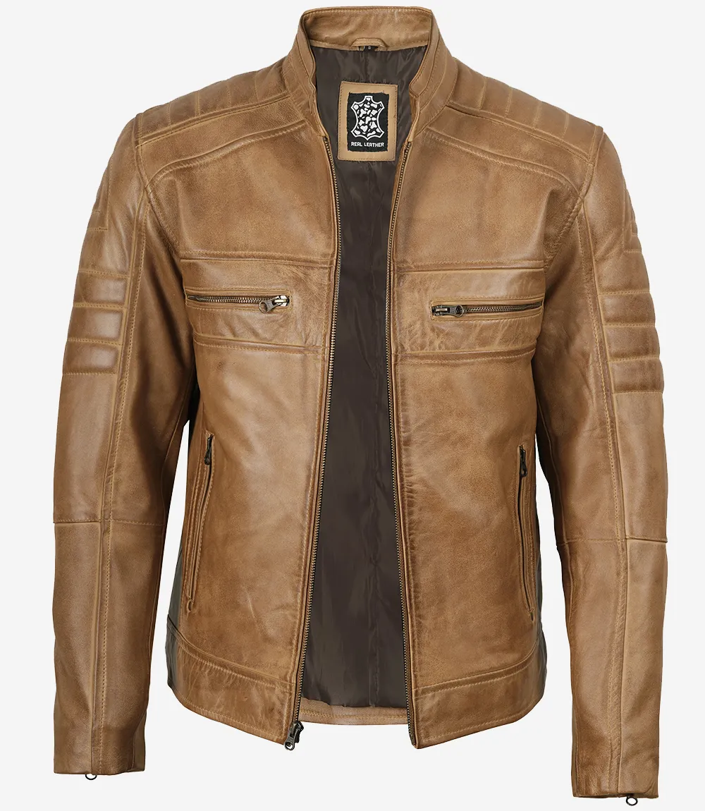 Veste en cuir marron camel style motard pour homme – Image 3