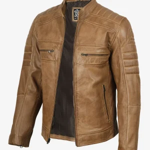 Veste en cuir marron camel style motard pour homme