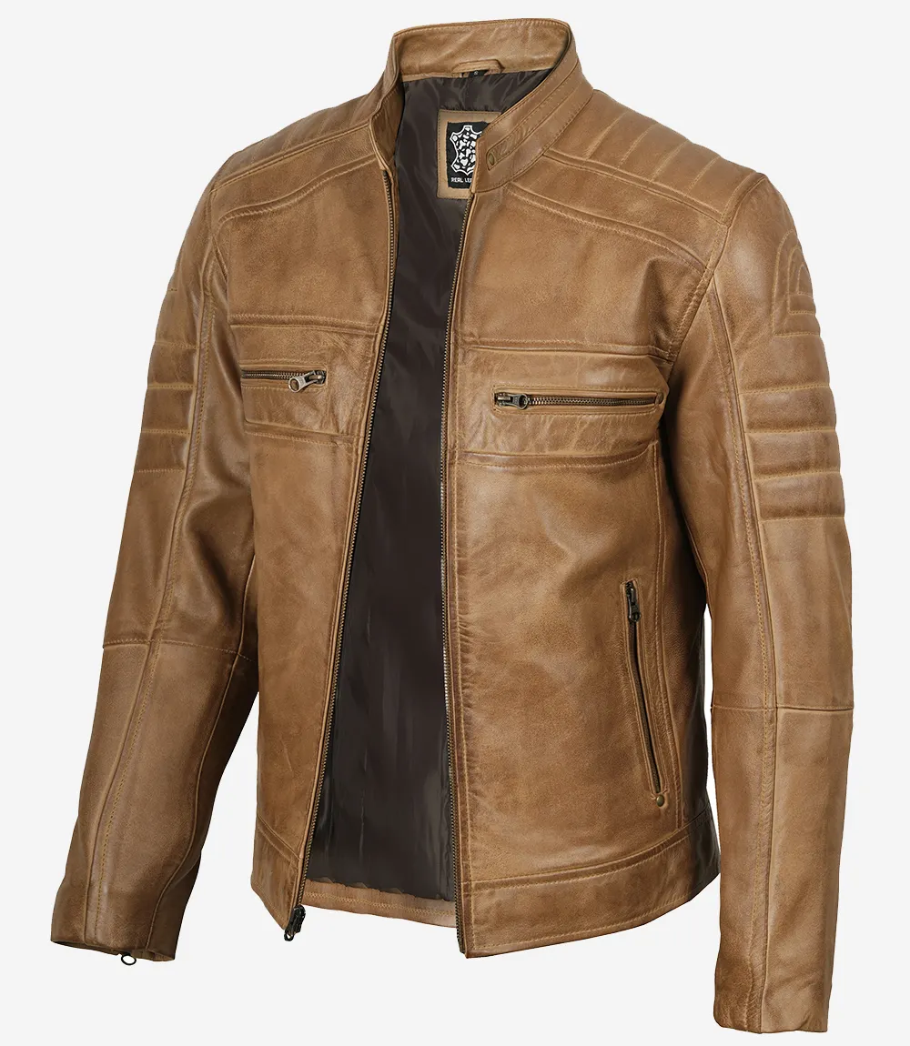 Veste en cuir marron camel style motard pour homme – Image 2