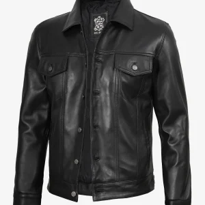 Veste de camionneur en cuir noir à quatre poches pour homme
