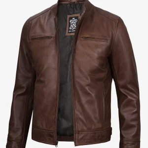 Veste en cuir style motard cognac pour homme