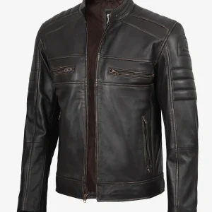 Veste motard marron vieillie en cuir véritable pour homme