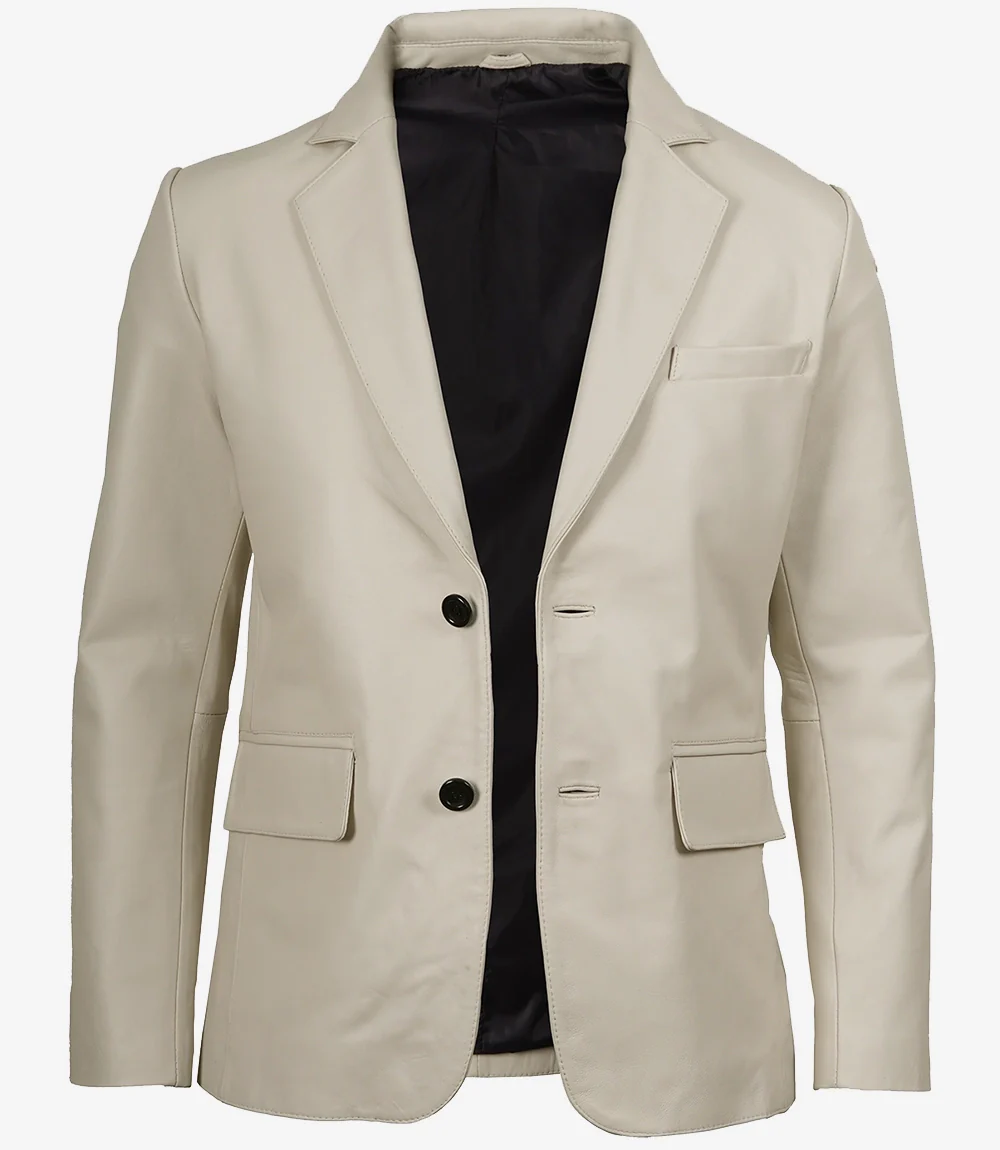 Blazer en cuir blanc cassé à deux boutons avec revers crantés pour homme – Image 2