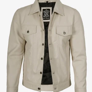 Veste de camionneur en cuir blanc cassé à quatre poches pour homme