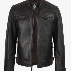 Veste en cuir marron vieilli style motard pour homme - Épaules matelassées