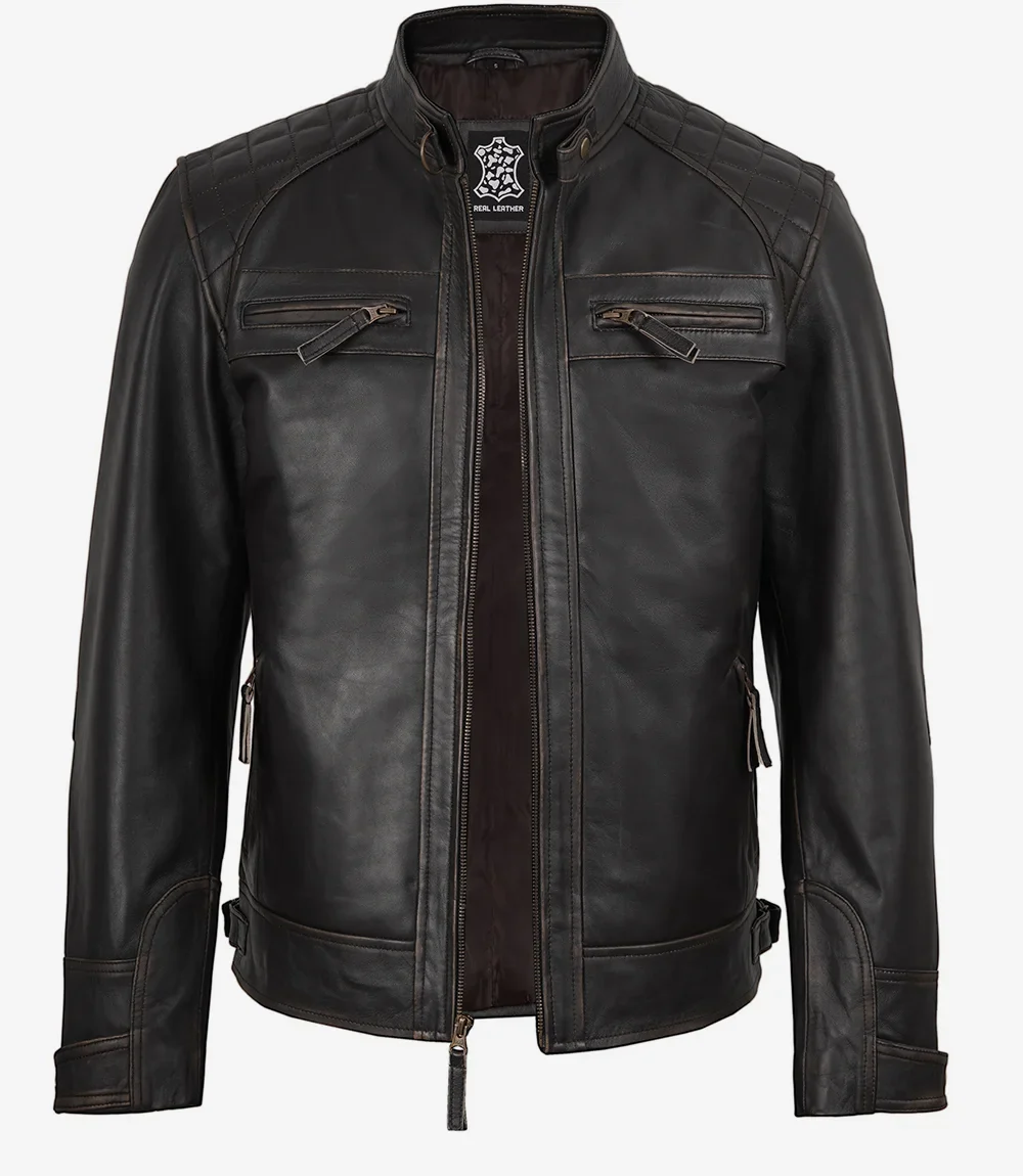 Veste style motard en cuir marron vieilli pour homme - Épaules matelassées – Image 2