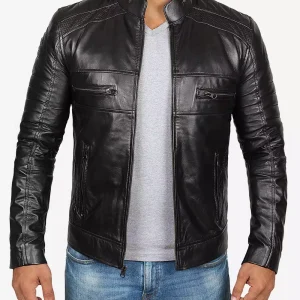 Veste en cuir noir style motard pour homme