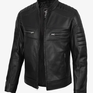 Veste de motard noire en cuir d'agneau véritable pour homme