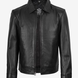 Veste en cuir Harrington noire à col chemise pour homme Reeves