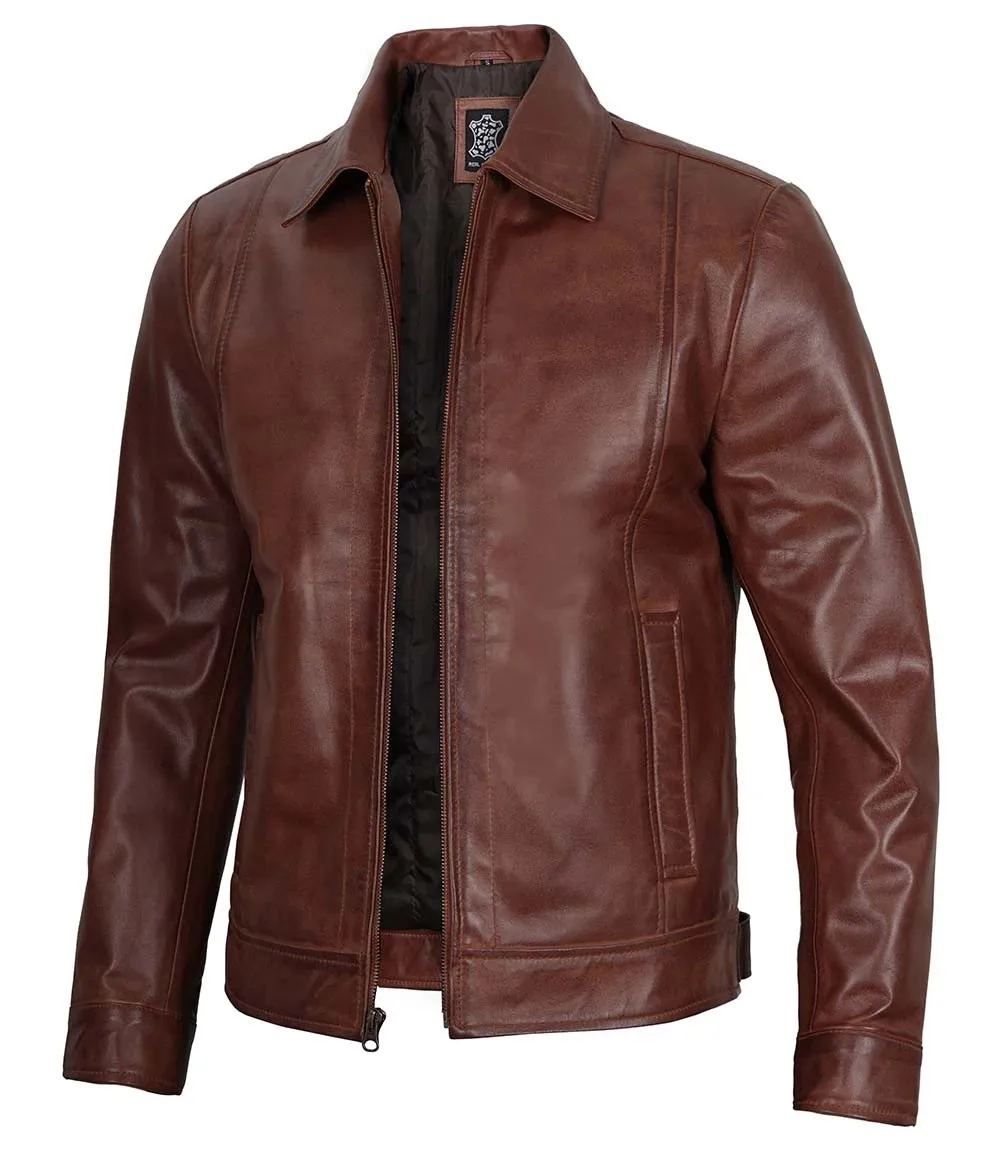Veste Harrington en cuir marron pour homme – Image 4