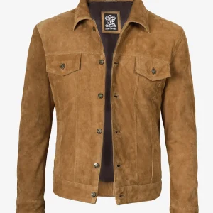 Veste de camionneur en daim véritable marron clair pour homme